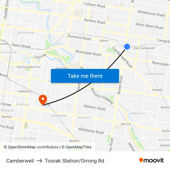 Camberwell to Toorak Station/Orrong Rd map