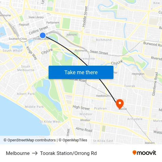 Melbourne to Toorak Station/Orrong Rd map