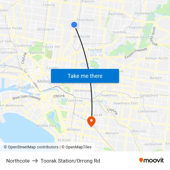 Northcote to Toorak Station/Orrong Rd map