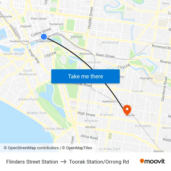 Flinders Street Station to Toorak Station/Orrong Rd map