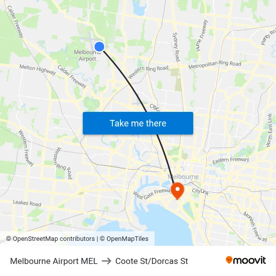 Melbourne Airport MEL to Coote St/Dorcas St map