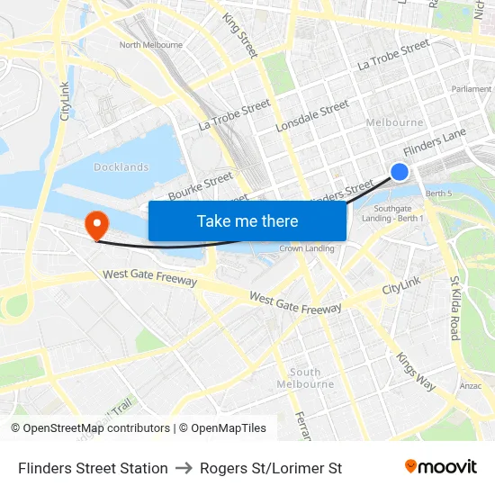 Flinders Street Station to Rogers St/Lorimer St map
