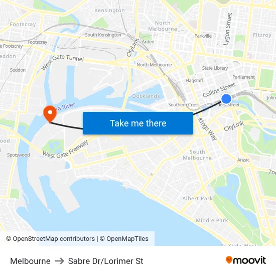 Melbourne to Sabre Dr/Lorimer St map