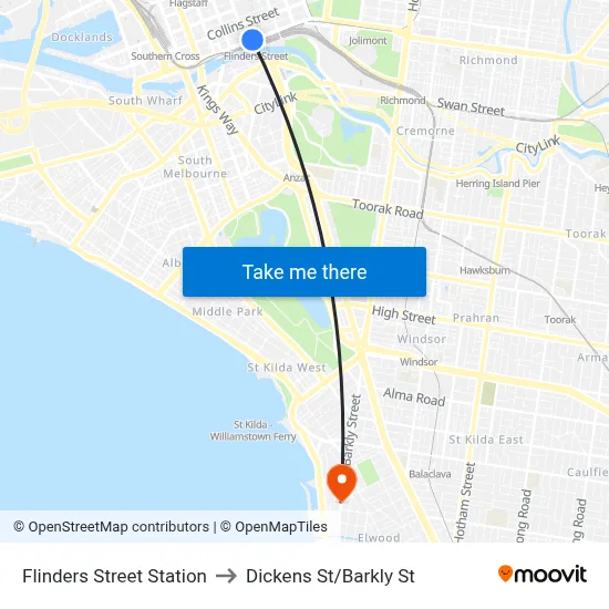 Flinders Street Station to Dickens St/Barkly St map