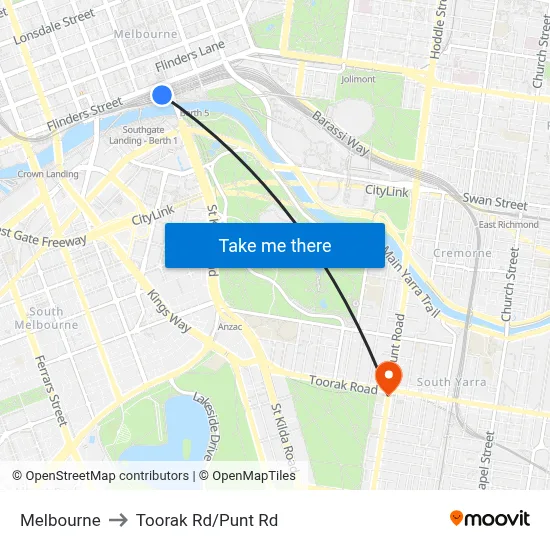 Melbourne to Toorak Rd/Punt Rd map