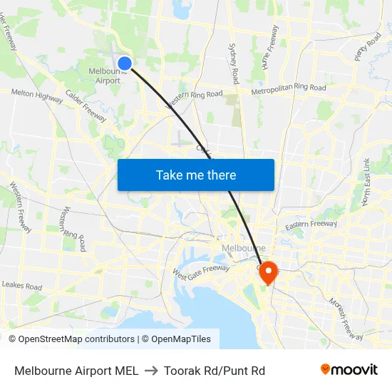 Melbourne Airport MEL to Toorak Rd/Punt Rd map