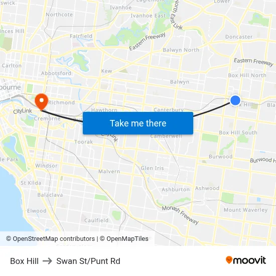 Box Hill to Swan St/Punt Rd map