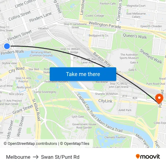 Melbourne to Swan St/Punt Rd map