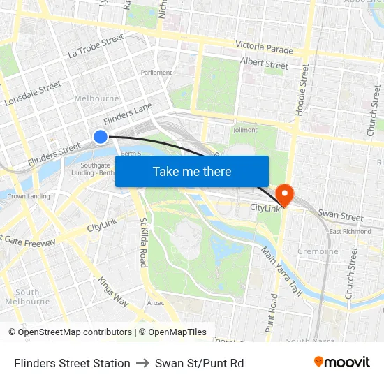 Flinders Street Station to Swan St/Punt Rd map