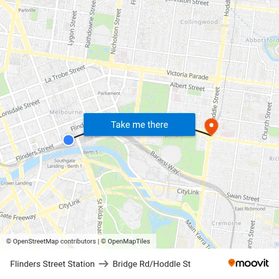 Flinders Street Station to Bridge Rd/Hoddle St map