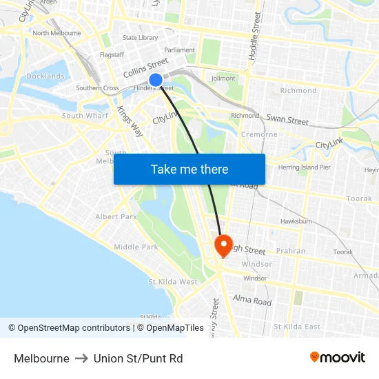 Melbourne to Union St/Punt Rd map