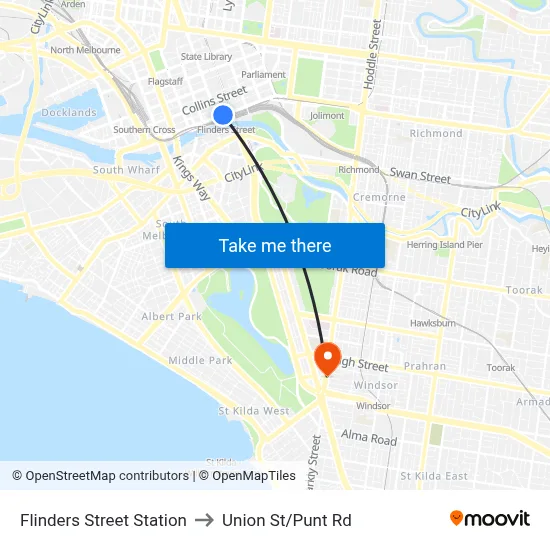 Flinders Street Station to Union St/Punt Rd map