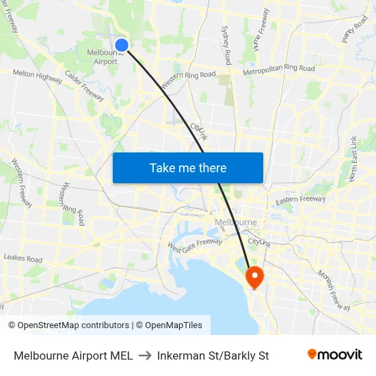 Melbourne Airport MEL to Inkerman St/Barkly St map