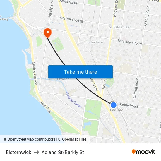 Elsternwick to Acland St/Barkly St map