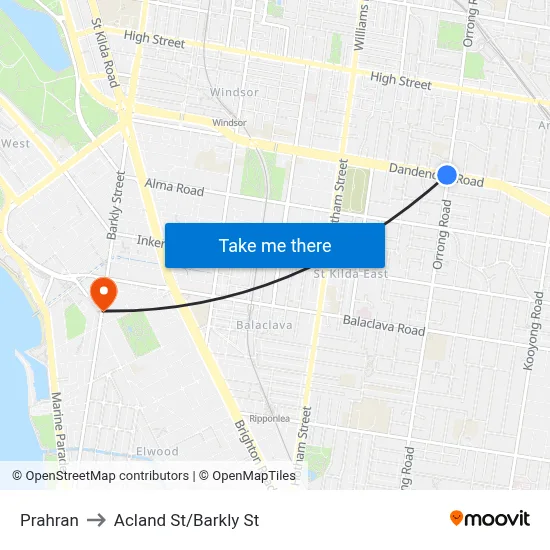Prahran to Acland St/Barkly St map