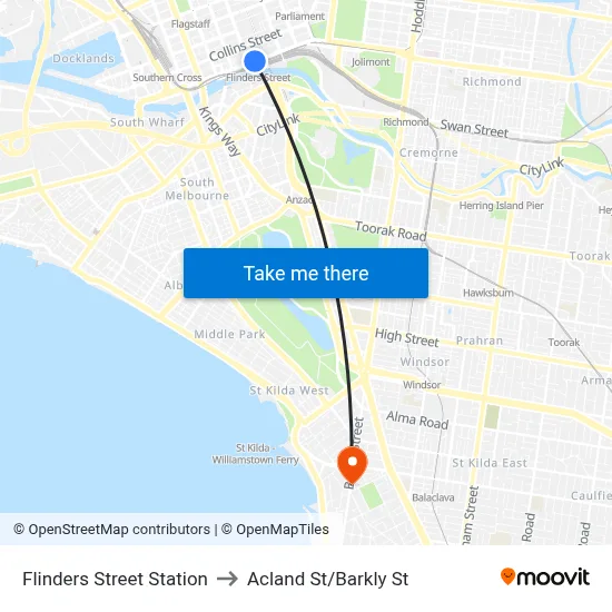 Flinders Street Station to Acland St/Barkly St map