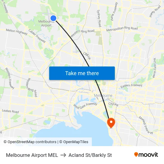 Melbourne Airport MEL to Acland St/Barkly St map