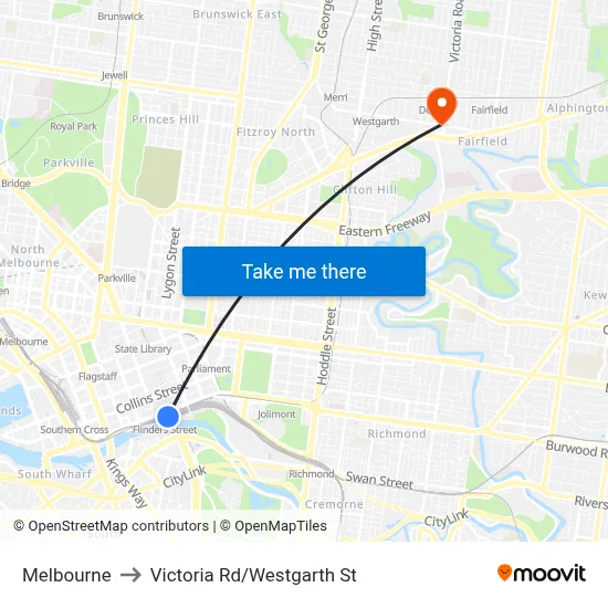 Melbourne to Victoria Rd/Westgarth St map