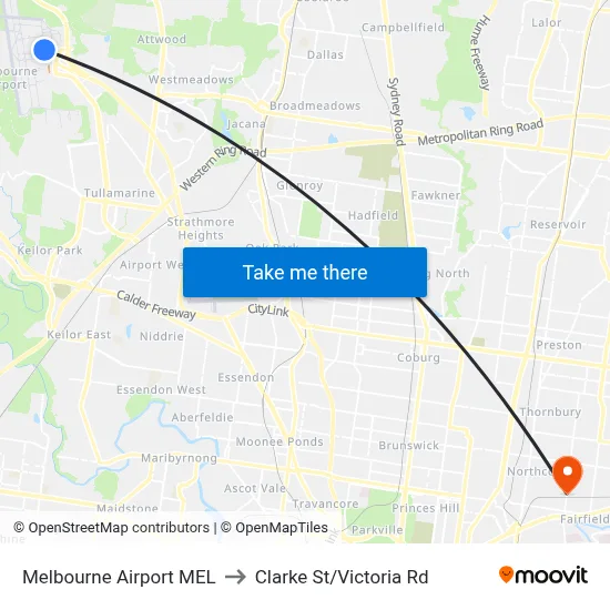 Melbourne Airport MEL to Clarke St/Victoria Rd map
