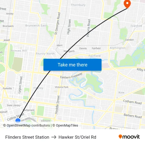 Flinders Street Station to Hawker St/Oriel Rd map