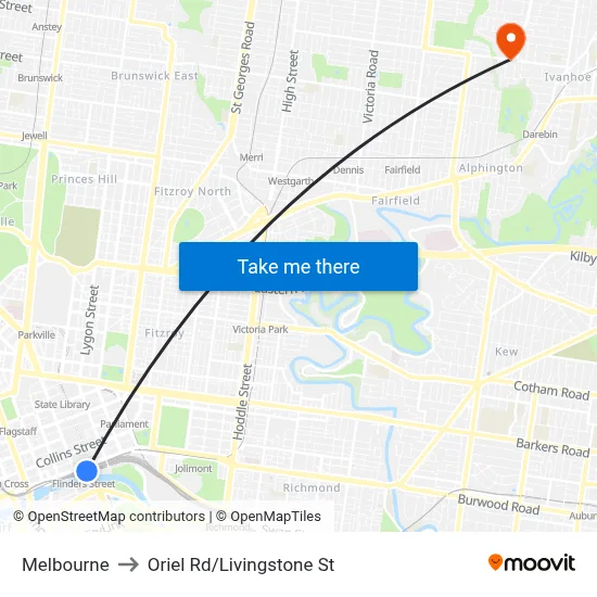 Melbourne to Oriel Rd/Livingstone St map