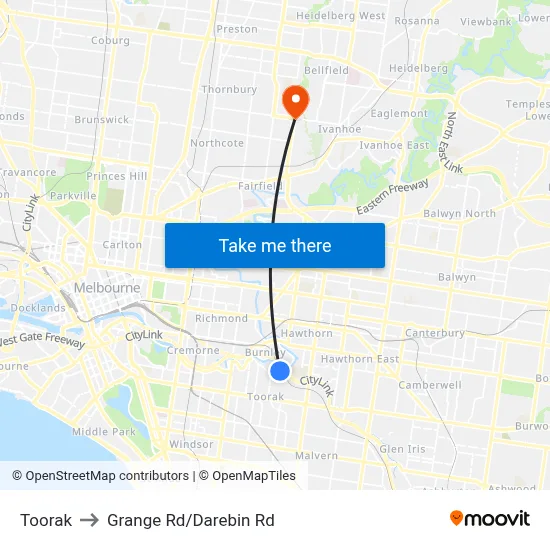 Toorak to Grange Rd/Darebin Rd map