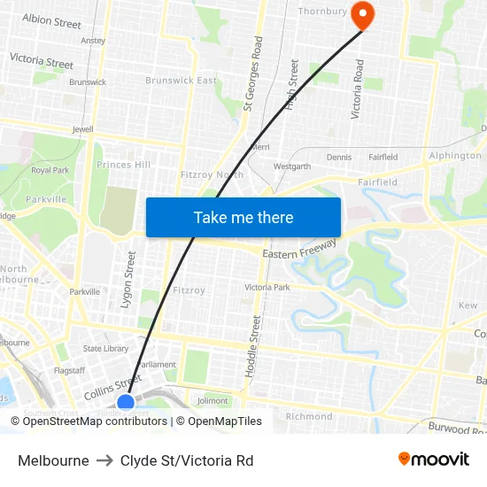 Melbourne to Clyde St/Victoria Rd map