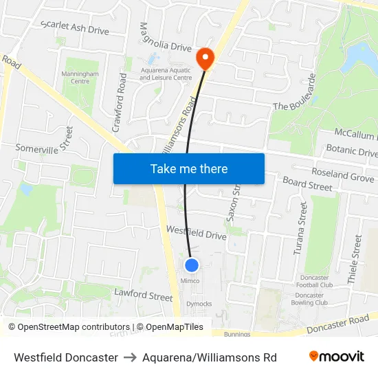 Westfield Doncaster to Aquarena/Williamsons Rd map