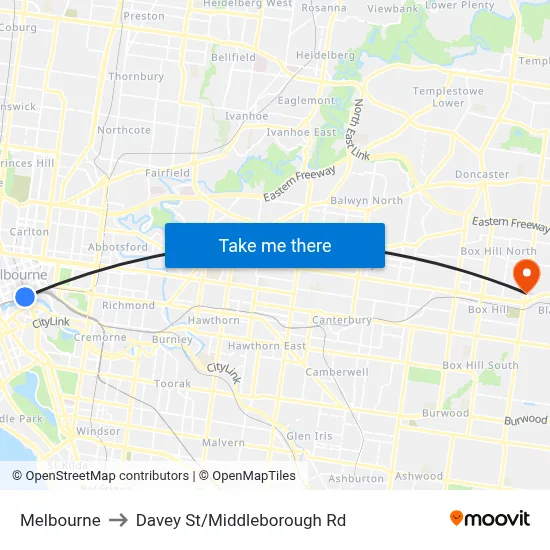 Melbourne to Davey St/Middleborough Rd map