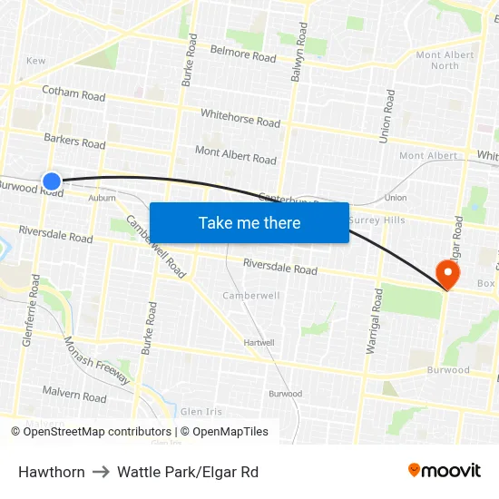 Hawthorn to Wattle Park/Elgar Rd map