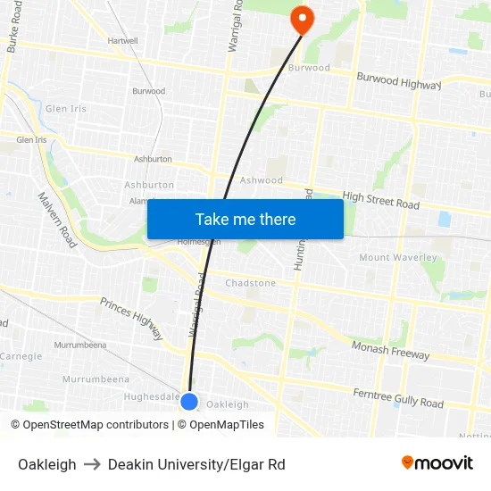 Oakleigh to Deakin University/Elgar Rd map