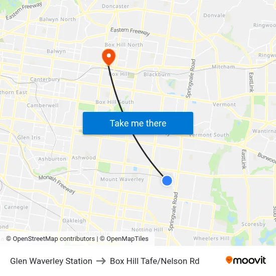 Glen Waverley Station to Box Hill Tafe/Nelson Rd map