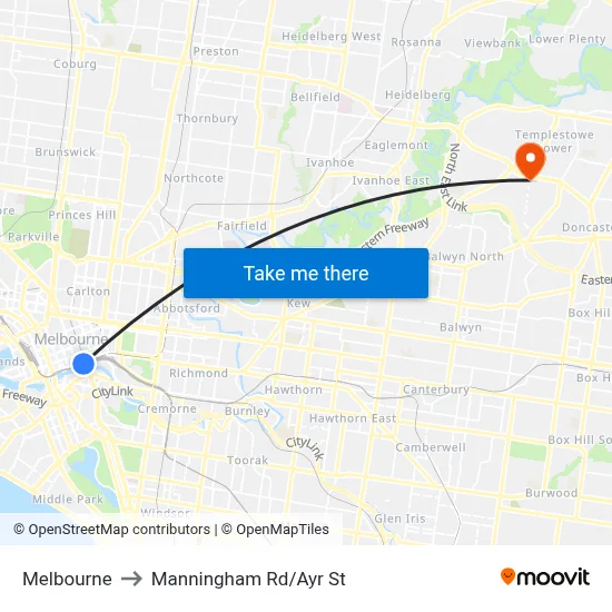 Melbourne to Manningham Rd/Ayr St map