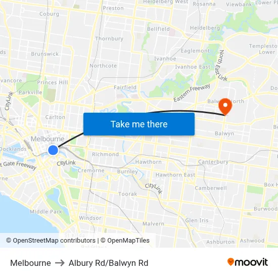 Melbourne to Albury Rd/Balwyn Rd map