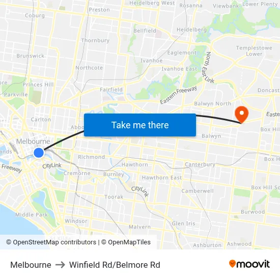 Melbourne to Winfield Rd/Belmore Rd map