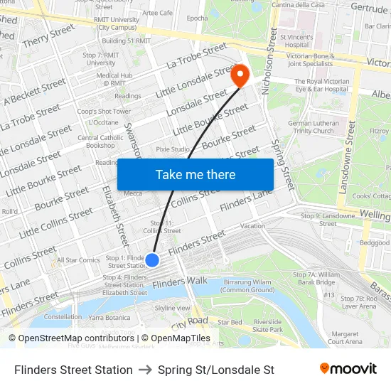 Flinders Street Station to Spring St/Lonsdale St map