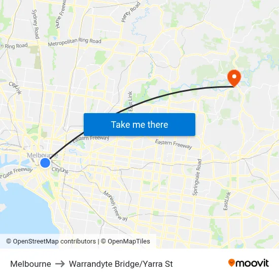Melbourne to Warrandyte Bridge/Yarra St map