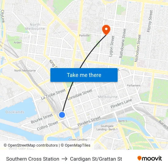 Southern Cross Station to Cardigan St/Grattan St map