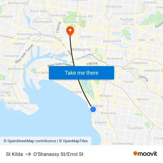 St Kilda to O'Shanassy St/Errol St map