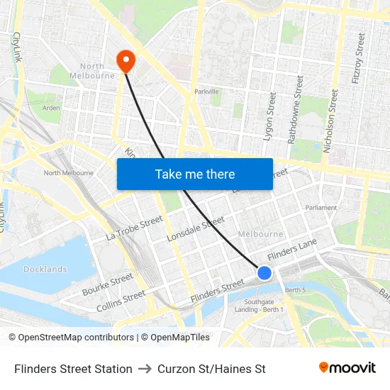 Flinders Street Station to Curzon St/Haines St map