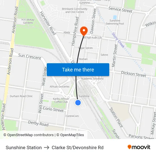 Sunshine Station to Clarke St/Devonshire Rd map