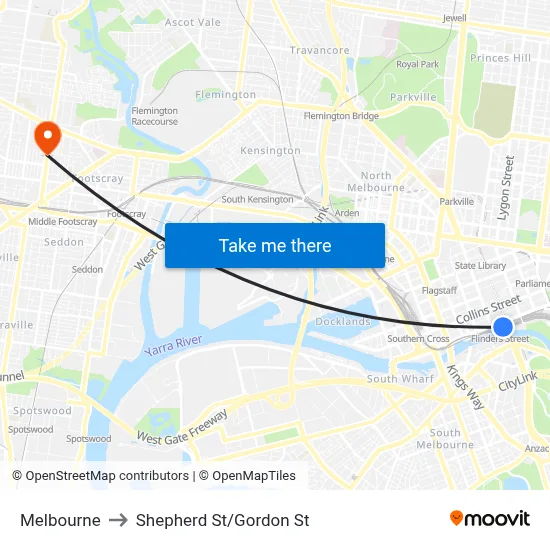 Melbourne to Shepherd St/Gordon St map