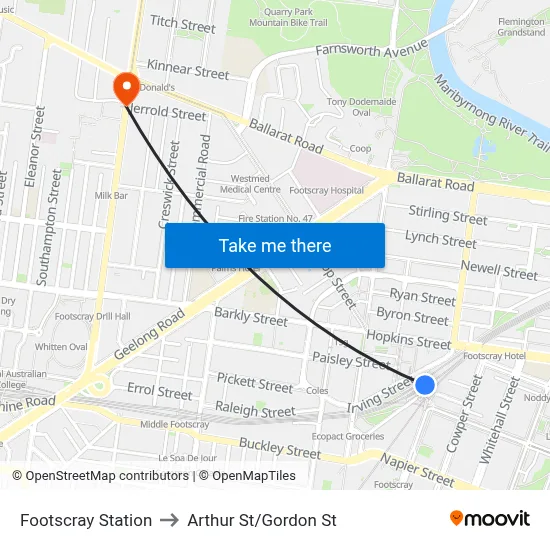 Footscray Station to Arthur St/Gordon St map