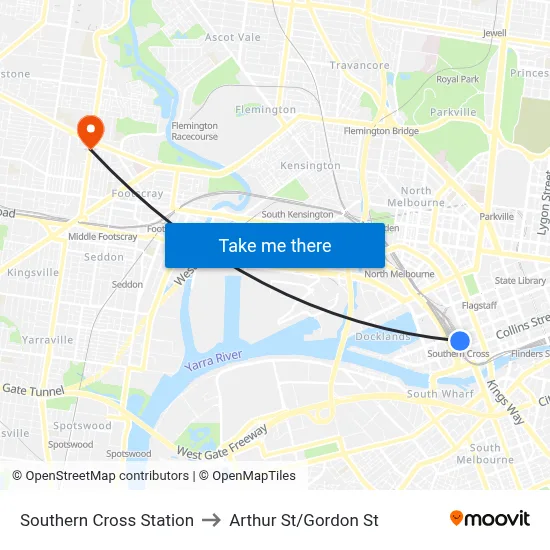 Southern Cross Station to Arthur St/Gordon St map