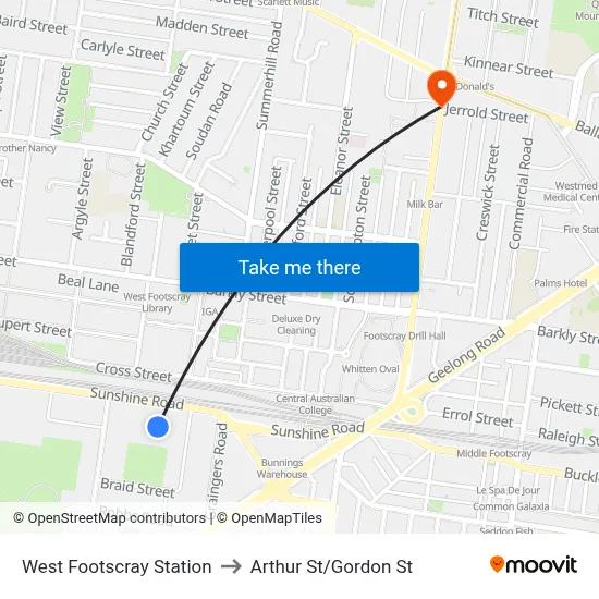 West Footscray Station to Arthur St/Gordon St map