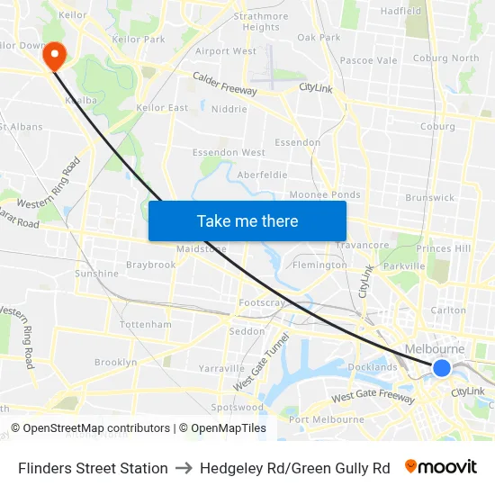 Flinders Street Station to Hedgeley Rd/Green Gully Rd map