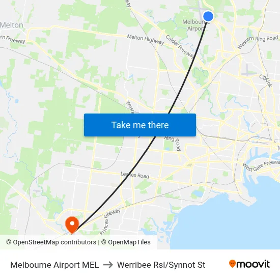Melbourne Airport MEL to Werribee Rsl/Synnot St map