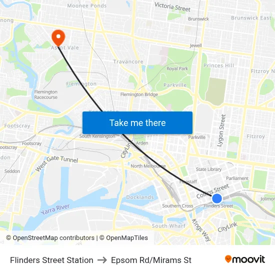 Flinders Street Station to Epsom Rd/Mirams St map