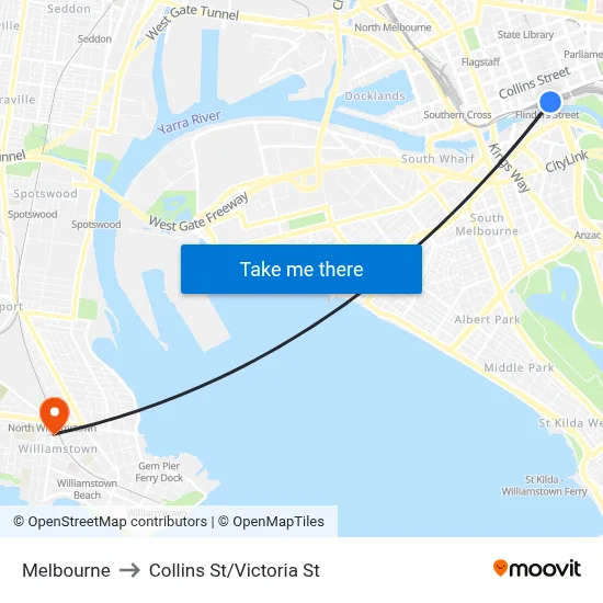 Melbourne to Collins St/Victoria St map
