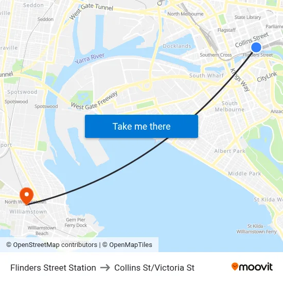 Flinders Street Station to Collins St/Victoria St map